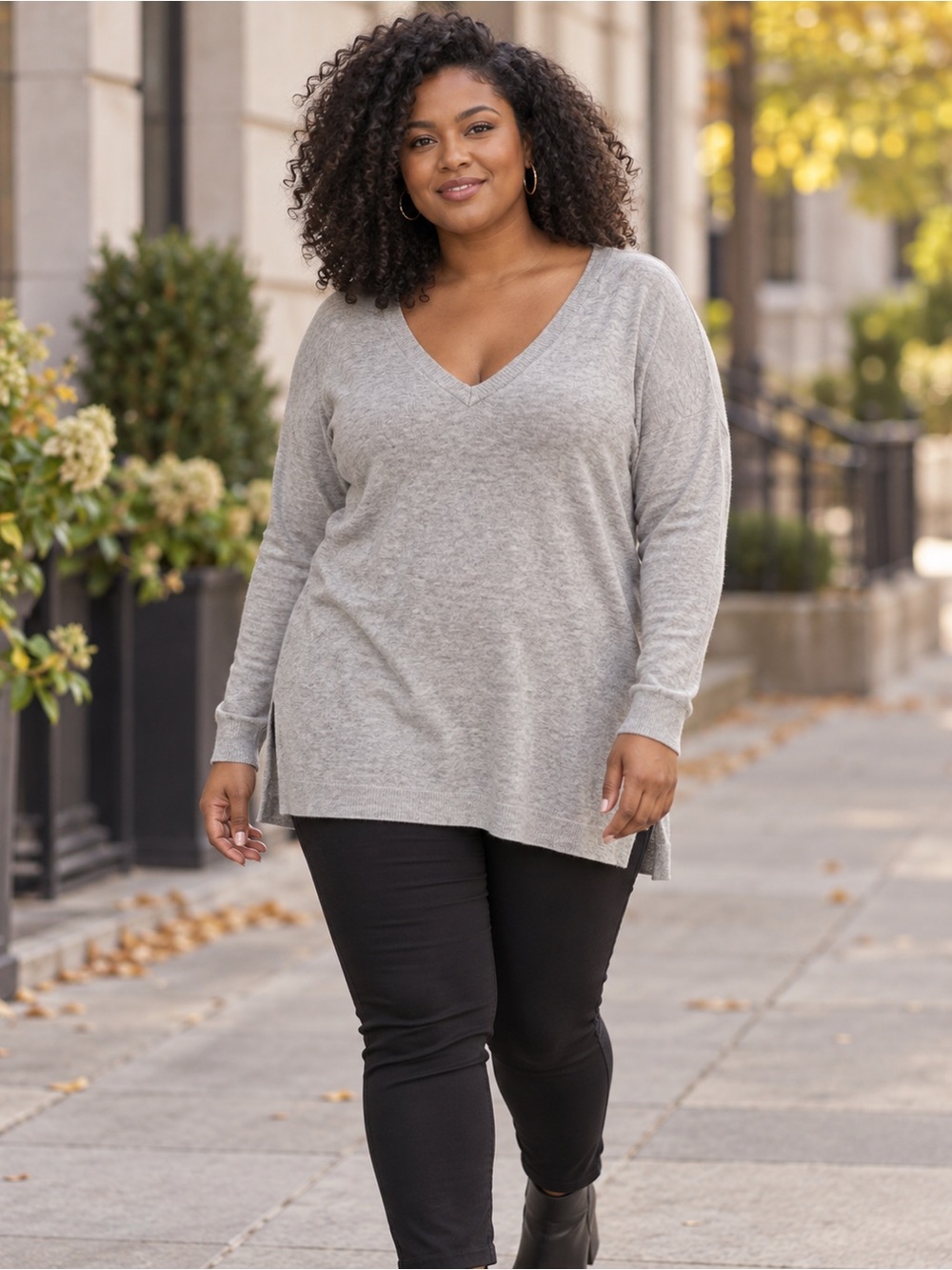Lumiere Angora Blend Light Grey V-Neck Tunic Sweater Size Large